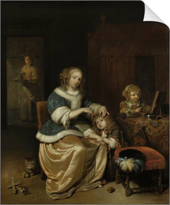 Купить и печать на заказ Картины на холсте Интерьер с матерью, расчесывающей волосы ребенка (Каспар Нетшер)