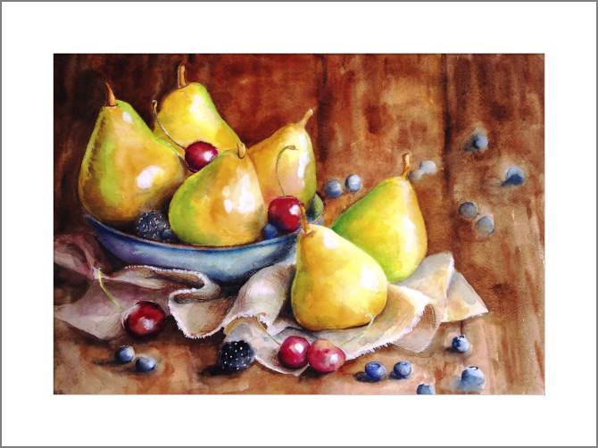 Картины, фото с паспарту Watercolor still life of pears