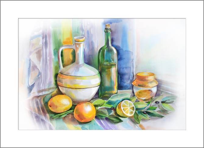 Картины, фото с паспарту Watercolor still life with lemons