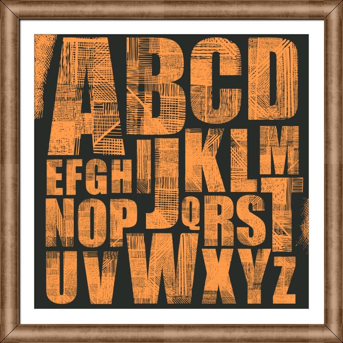 Купить и печать на заказ Картины в рамке, багете Гранж алфавит оранжевый