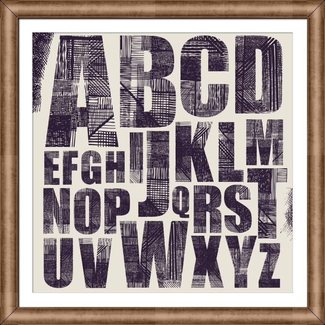 Купить и печать на заказ Картины в рамке, багете Гранж алфавит фиолетовый