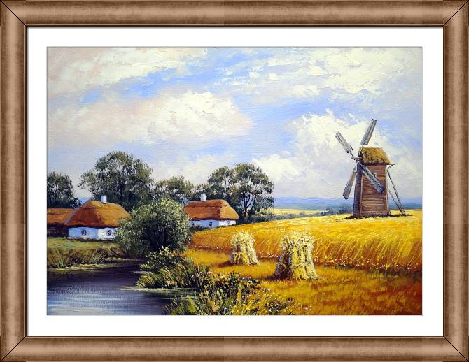 Купить и печать на заказ Картины в рамке, багете Деревушка и мельница