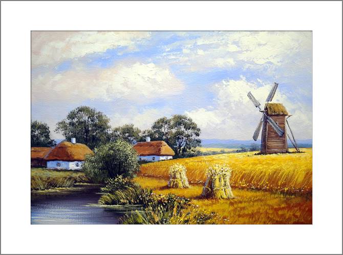 Купить и печать на заказ Картины, фото с паспарту Деревушка и мельница