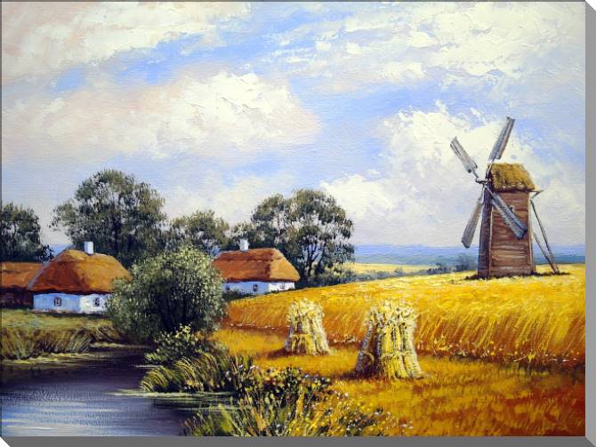 Paintings on plastic, foam cardboard Village and mill