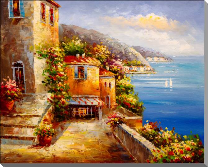 Paintings on plastic, foam cardboard View of a Greek harbour