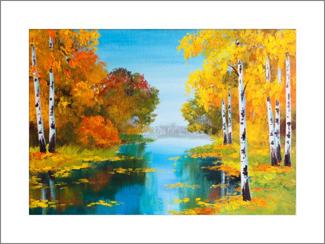 Купить и печать на заказ Картины, фото с паспарту Осенние березы у реки