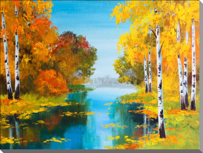 Paintings on plastic, foam cardboard Autumn birches by the river