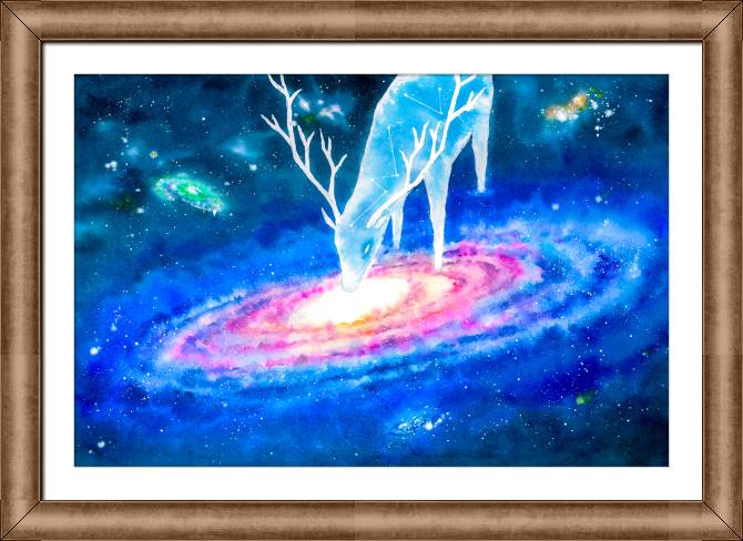 Купить и печать на заказ Картины в рамке, багете Фантастический олень на фоне галактик