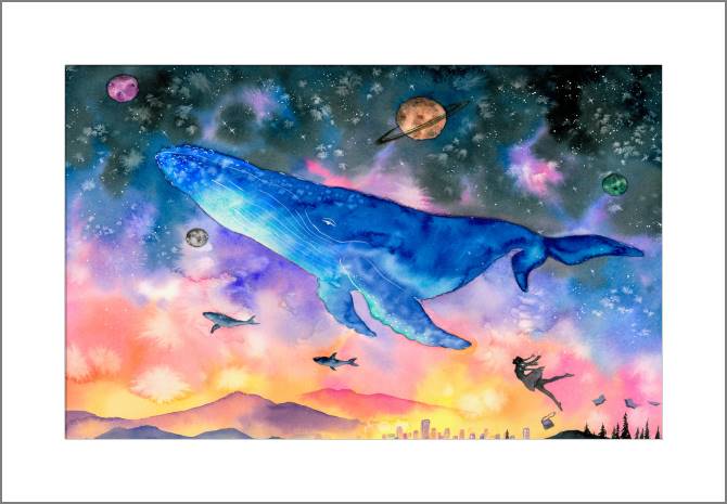 Купить и печать на заказ Картины Большой кит в фантастическом пространстве в небе 4