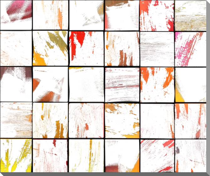 Paintings on plastic, foam cardboard White bars