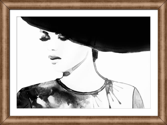 Купить и печать на заказ Картины в рамке, багете Черно-белая акварель девушка в шляпе