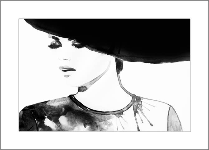 Купить и печать на заказ Картины, фото с паспарту Черно-белая акварель девушка в шляпе