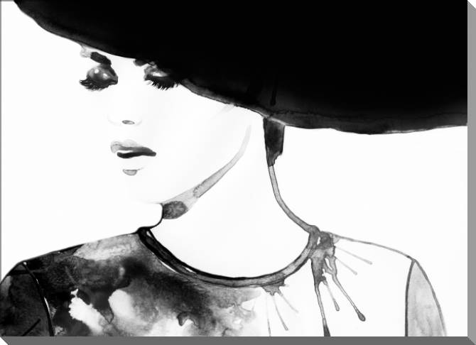 Paintings on plastic, foam cardboard Black-and-white watercolor of the girl in the hat