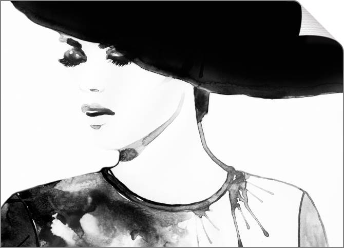 Купить и печать на заказ Картины на холсте Черно-белая акварель девушка в шляпе