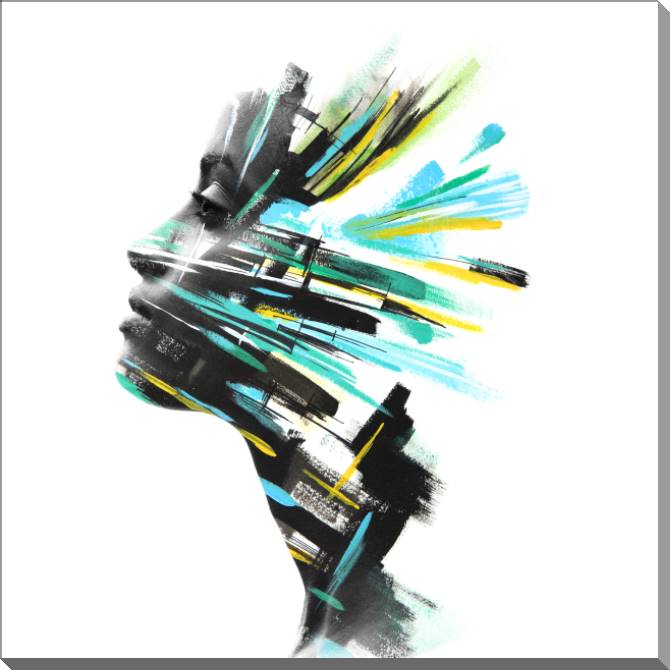 Paintings on plastic, foam cardboard Woman and turquoise brush strokes