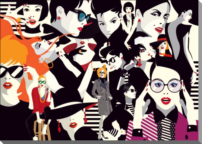 Paintings on plastic, foam cardboard A collage of girls fashion