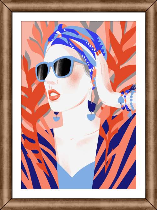 Купить и печать на заказ Картины в рамке, багете Стильная девушка на тропическом фоне