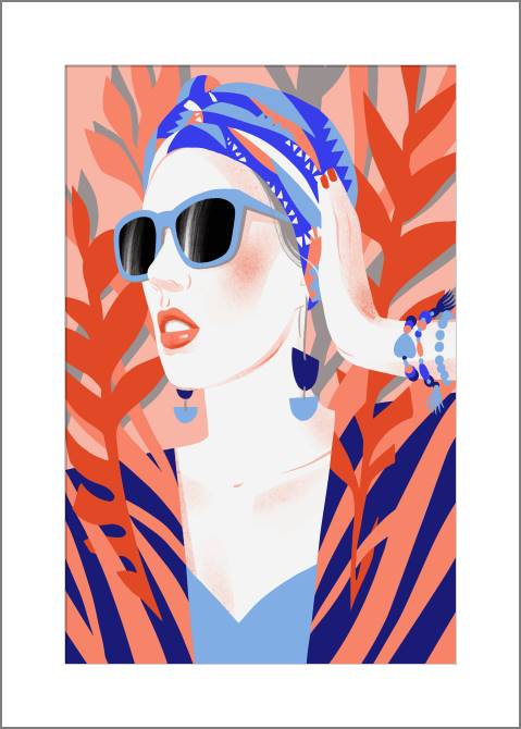 Купить и печать на заказ Картины, фото с паспарту Стильная девушка на тропическом фоне