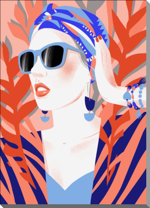 Paintings on plastic, foam cardboard Stylish girl on a tropical background