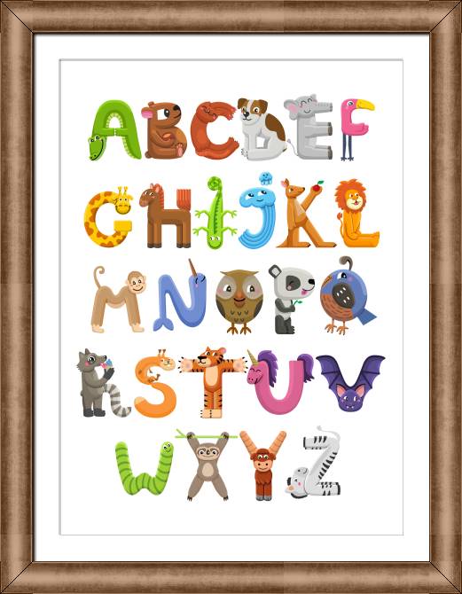 Купить и печать на заказ Картины в рамке, багете Алфавит забавные животные