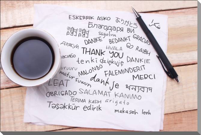 Paintings on plastic, foam cardboard Thank you in different languages