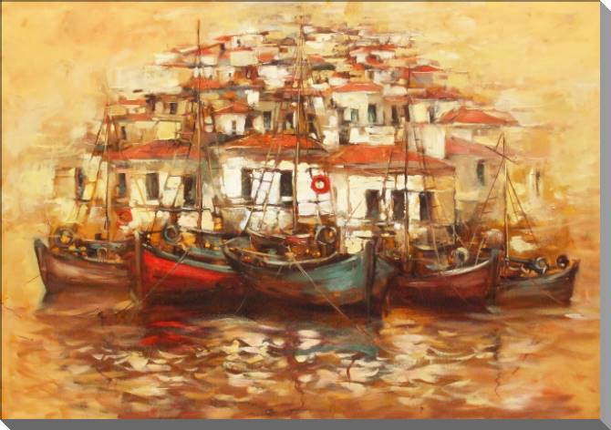 Paintings on plastic, foam cardboard Boats on the island