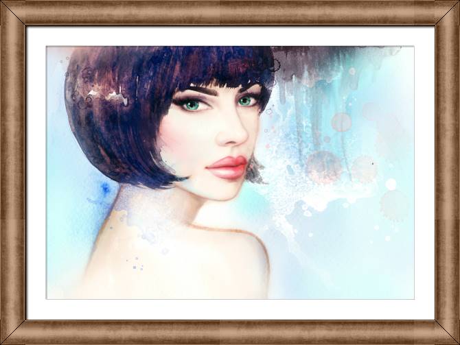 Купить и печать на заказ Картины в рамке, багете Девушка на голубом фоне