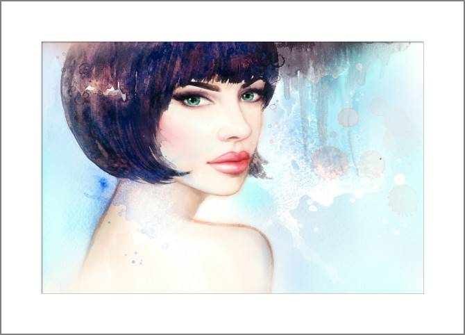 Купить и печать на заказ Картины, фото с паспарту Девушка на голубом фоне