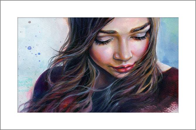Купить и печать на заказ Картины, фото с паспарту Красочная акварельная живопись девушка