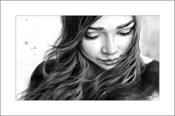 Купить и печать на заказ Картины, фото с паспарту Черно-белая акварельная живопись девушка