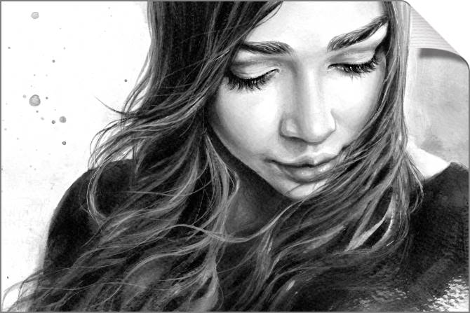 Купить и печать на заказ Картины на холсте Черно-белая акварельная живопись девушка