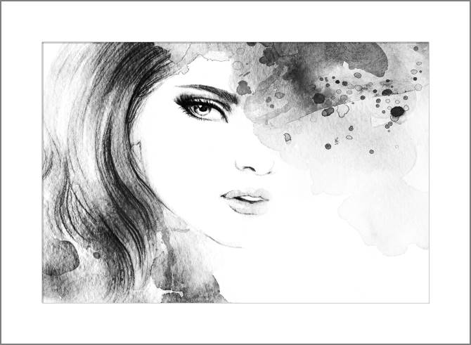 Купить и печать на заказ Картины, фото с паспарту Черно-белый портрет девушки акварелью