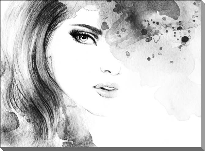 Paintings on plastic, foam cardboard Black and white portrait of a girl watercolor