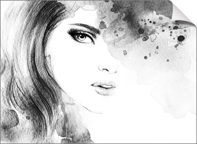 Купить и печать на заказ Картины на холсте Черно-белый портрет девушки акварелью