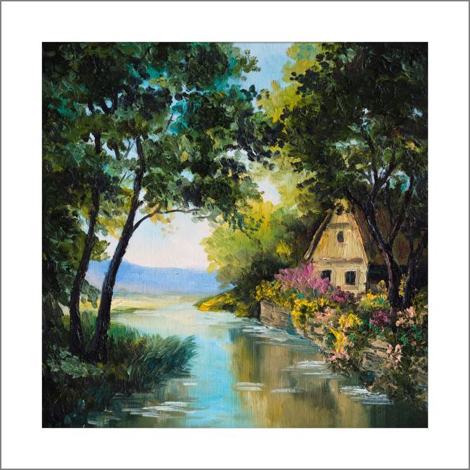 Купить и печать на заказ Картины, фото с паспарту Домик у реки