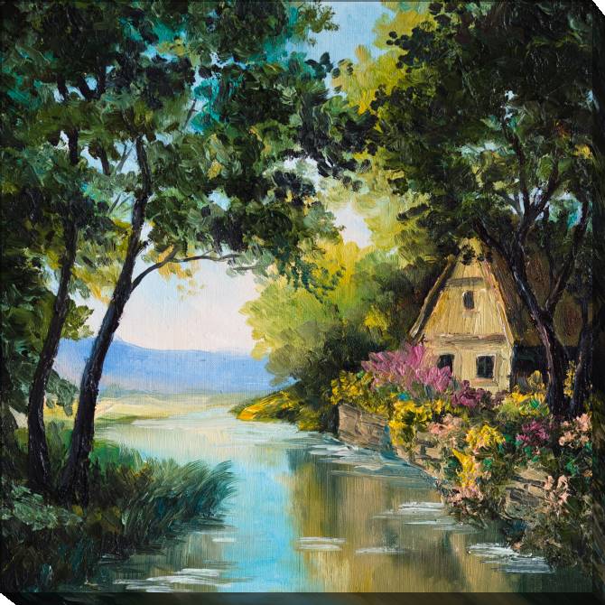 Купить и печать на заказ Картины на холсте Домик у реки