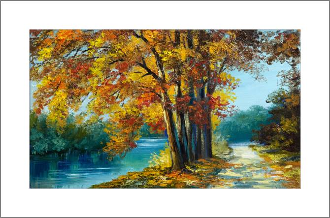 Купить и печать на заказ Картины, фото с паспарту Деревья над рекой осенью