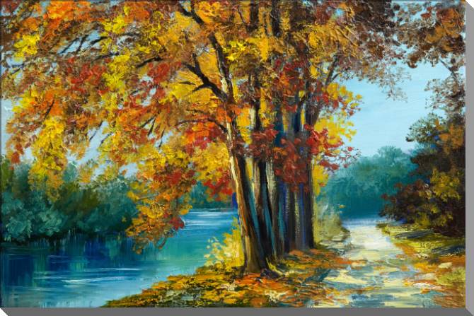 Paintings on plastic, foam cardboard Trees over river in autumn