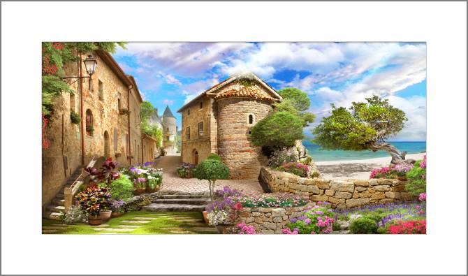 Купить и печать на заказ Картины, фото с паспарту Старая улица с видом на море