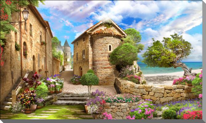 Paintings on plastic, foam cardboard Old street with sea views