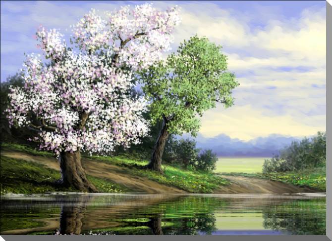 Paintings on plastic, foam cardboard Flowering tree digital painting