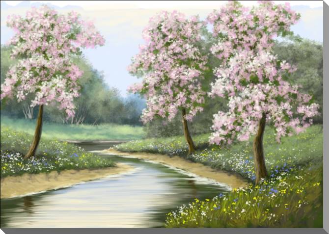 Paintings on plastic, foam cardboard Flowering trees digital painting