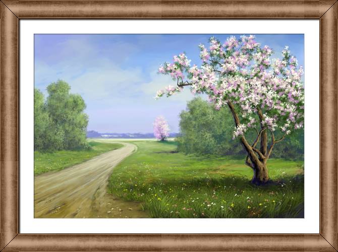 Картины в рамке, багете Flowering trees in the field of digital painting