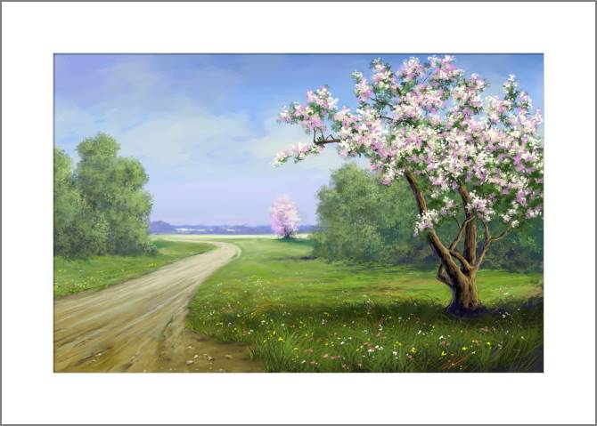 Купить и печать на заказ Картины, фото с паспарту Цветущие деревья на поле