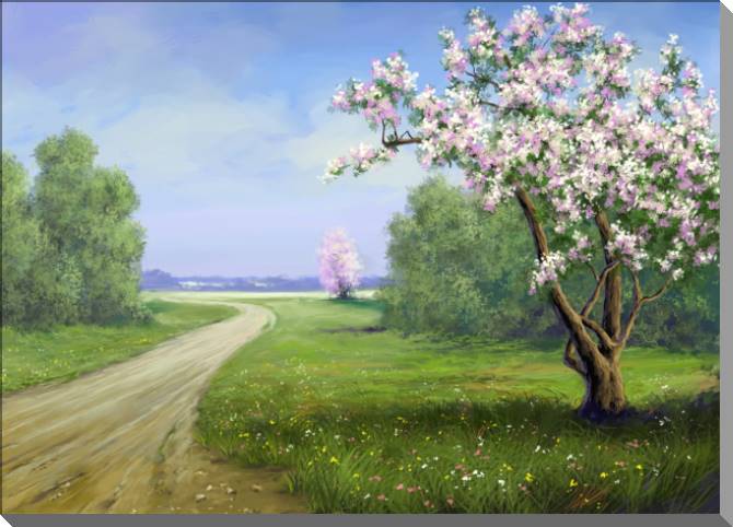 Paintings on plastic, foam cardboard Flowering trees in the field of digital painting