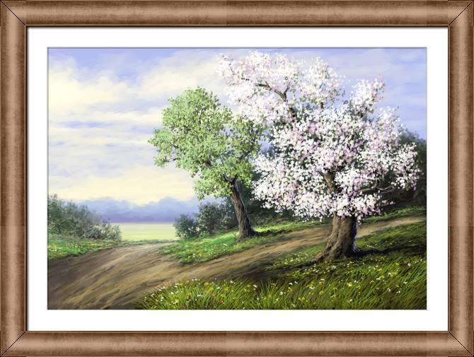Картины в рамке, багете Flowering tree in the trail digital painting