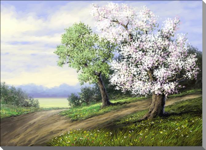 Paintings on plastic, foam cardboard Flowering tree in the trail digital painting