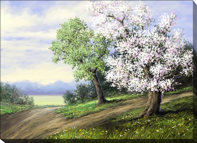 Paintings on canvas Flowering tree in the trail digital painting