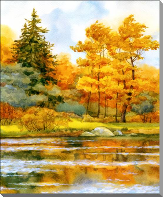 Paintings on plastic, foam cardboard Trees by the river in autumn