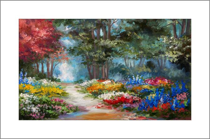 Купить и печать на заказ Картины, фото с паспарту Разноцветные цветы в лесу